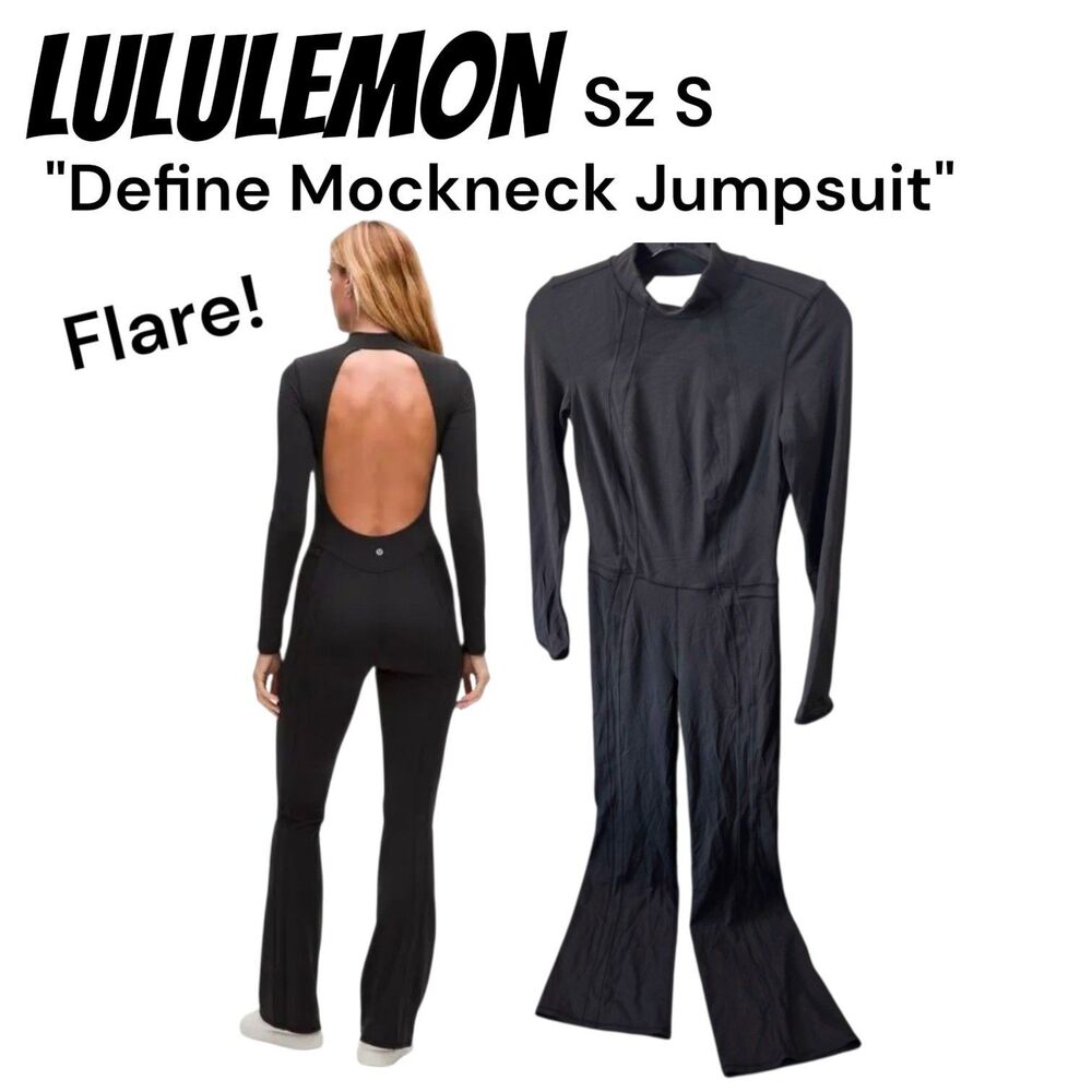 Lululemon SM Define L/S Open Back Mockneck Black Flare Logo Bodysuit Jumpsuit